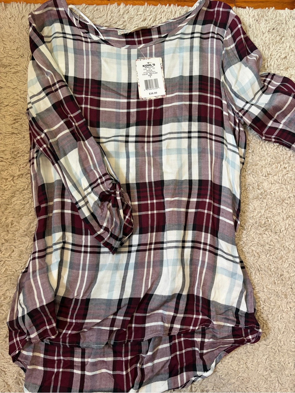 Kohl's Plaid Tunic Top - Burgundy, White, Black